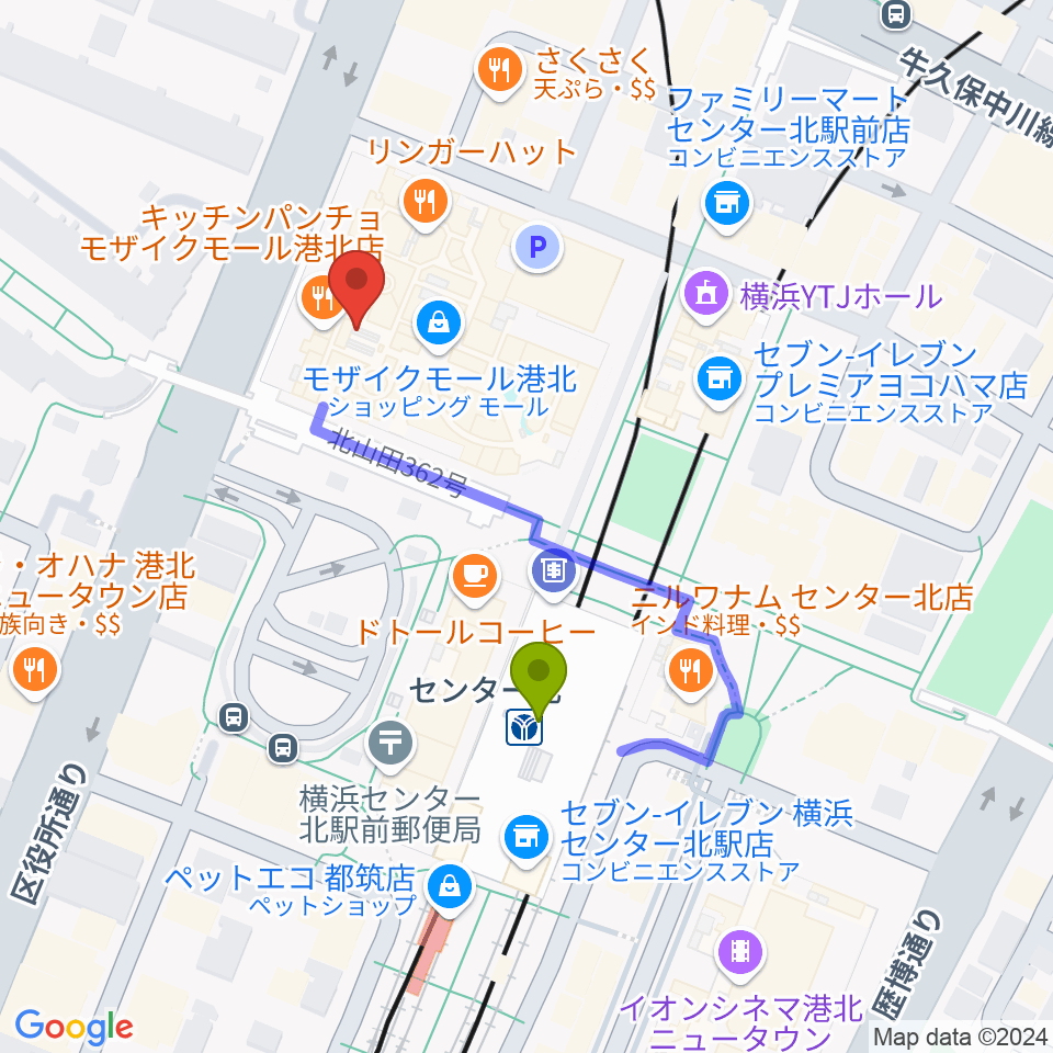 島村楽器 モザイクモール港北店の最寄駅センター北駅からの徒歩ルート（約3分）地図