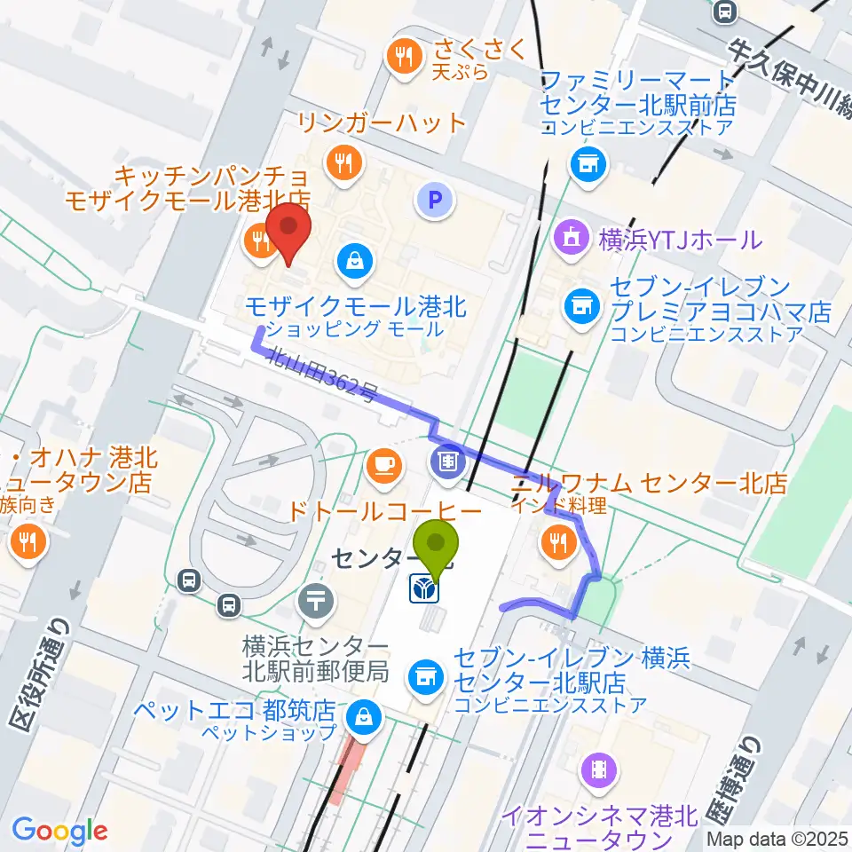 島村楽器 モザイクモール港北店の最寄駅センター北駅からの徒歩ルート（約3分）地図