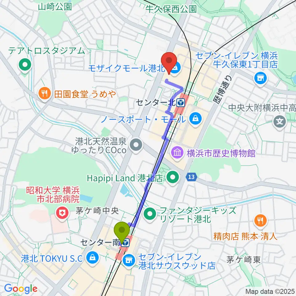 センター南駅から島村楽器 モザイクモール港北店へのルートマップ地図