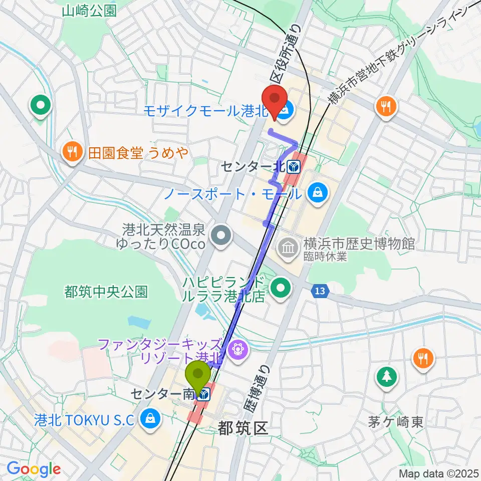 センター南駅から島村楽器 モザイクモール港北店へのルートマップ地図