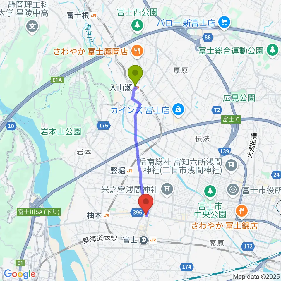 入山瀬駅から富士アニマルネストへのルートマップ地図