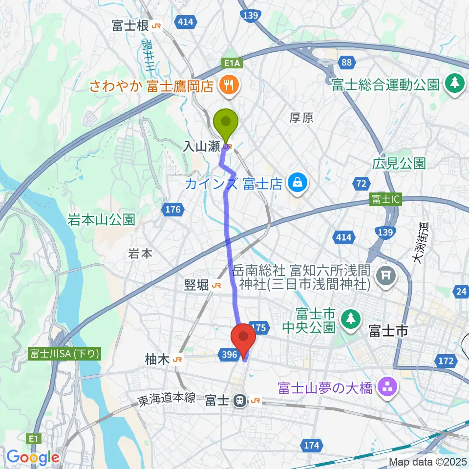 入山瀬駅から富士アニマルネストへのルートマップ地図