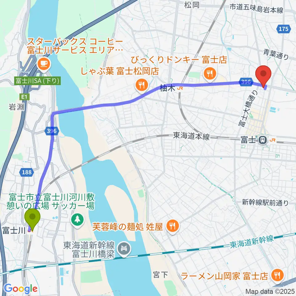 富士川駅から富士アニマルネストへのルートマップ地図