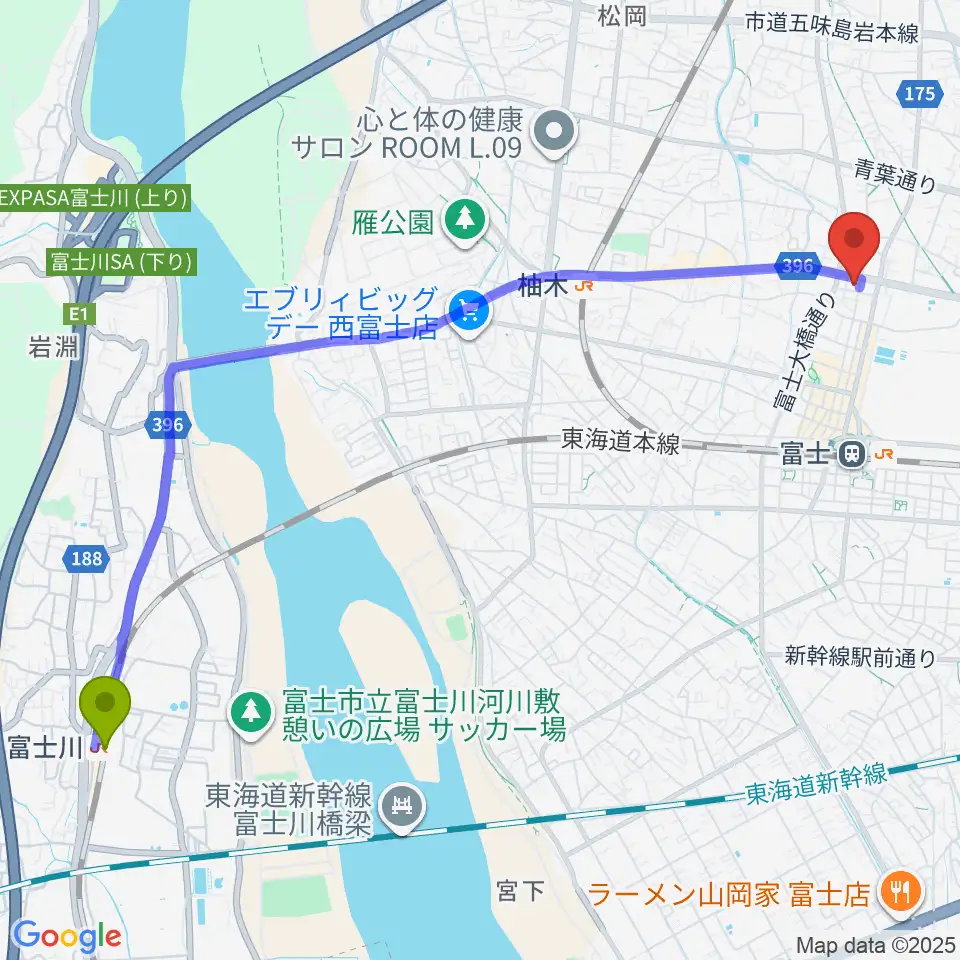 富士川駅から富士アニマルネストへのルートマップ地図