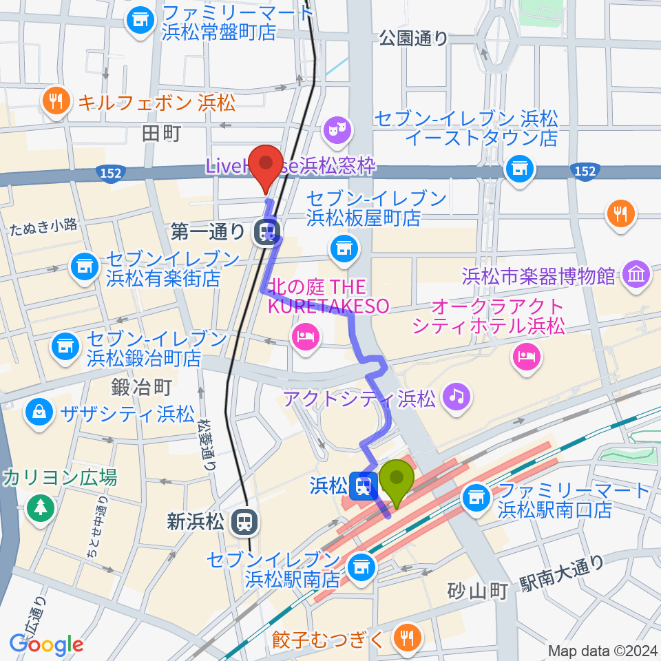 浜松駅から浜松G-SIDEへのルートマップ地図