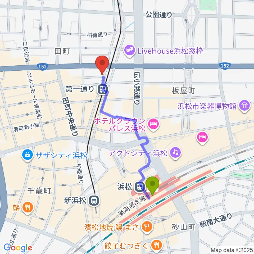 浜松駅から浜松G-SIDEへのルートマップ地図