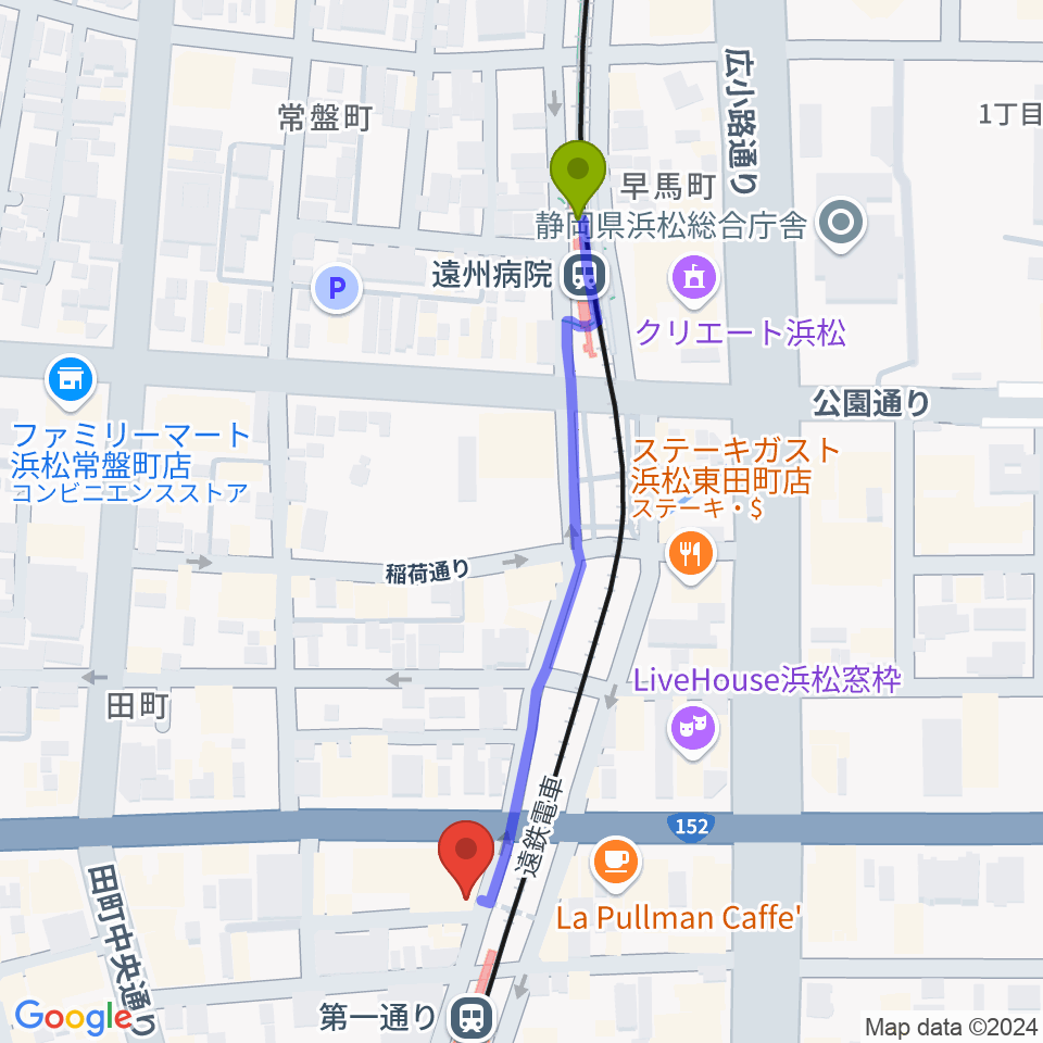 遠州病院駅から浜松G-SIDEへのルートマップ地図