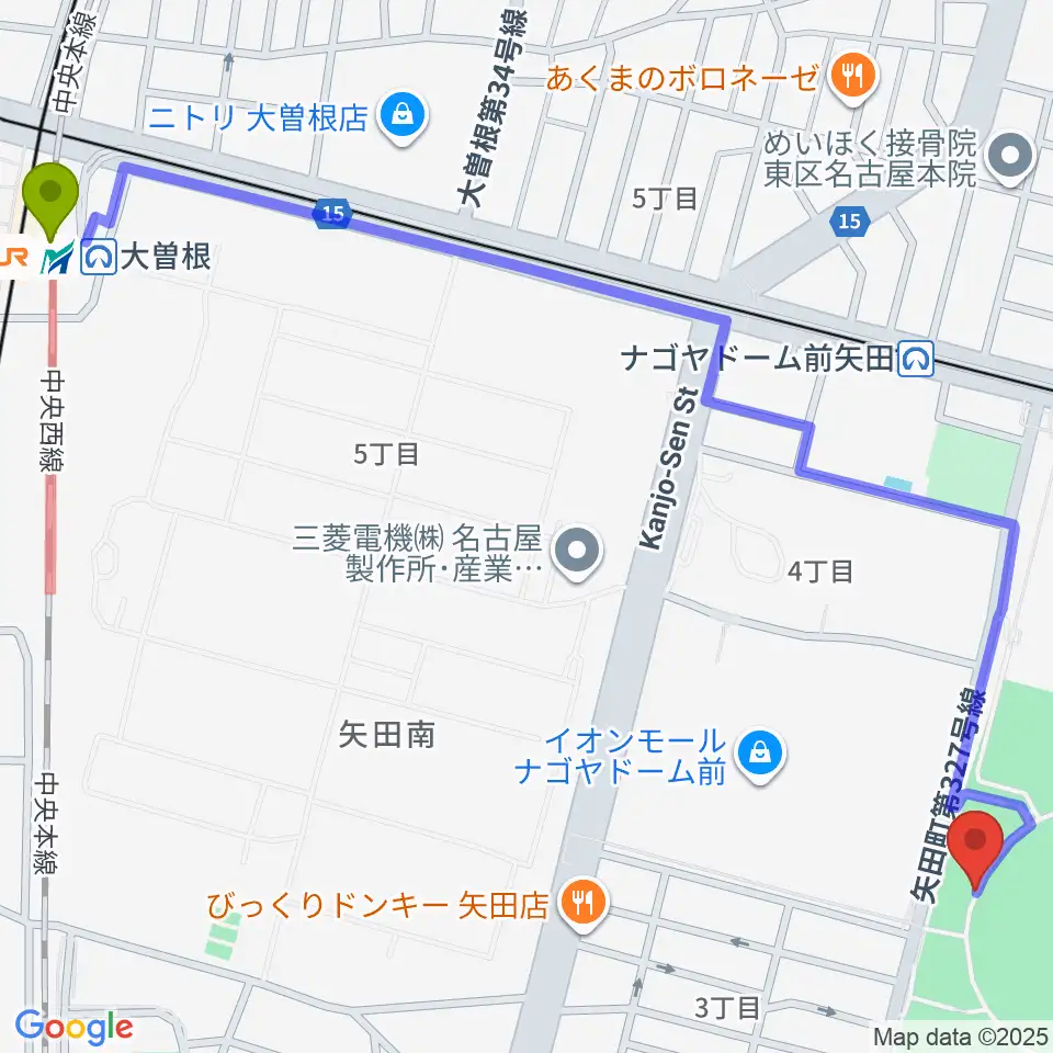 大曽根駅からバンテリンドーム ナゴヤへのルートマップ地図
