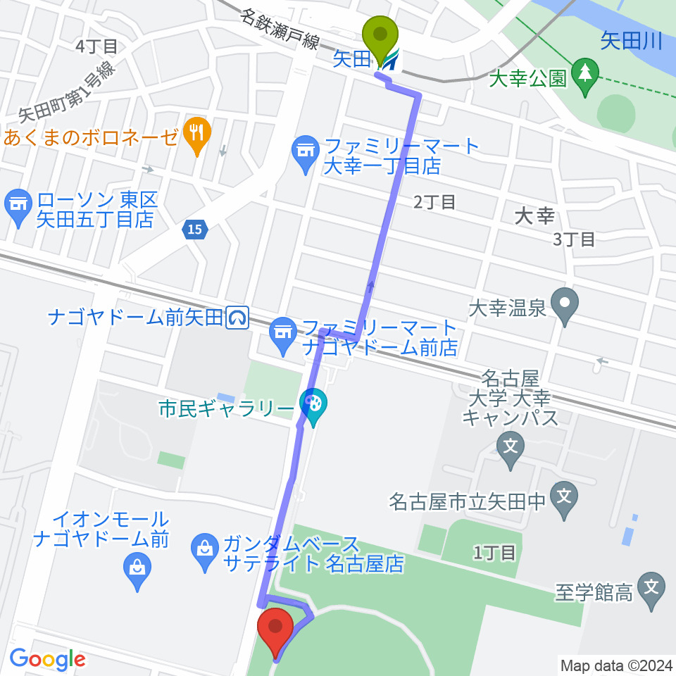 矢田駅からバンテリンドーム ナゴヤへのルートマップ地図