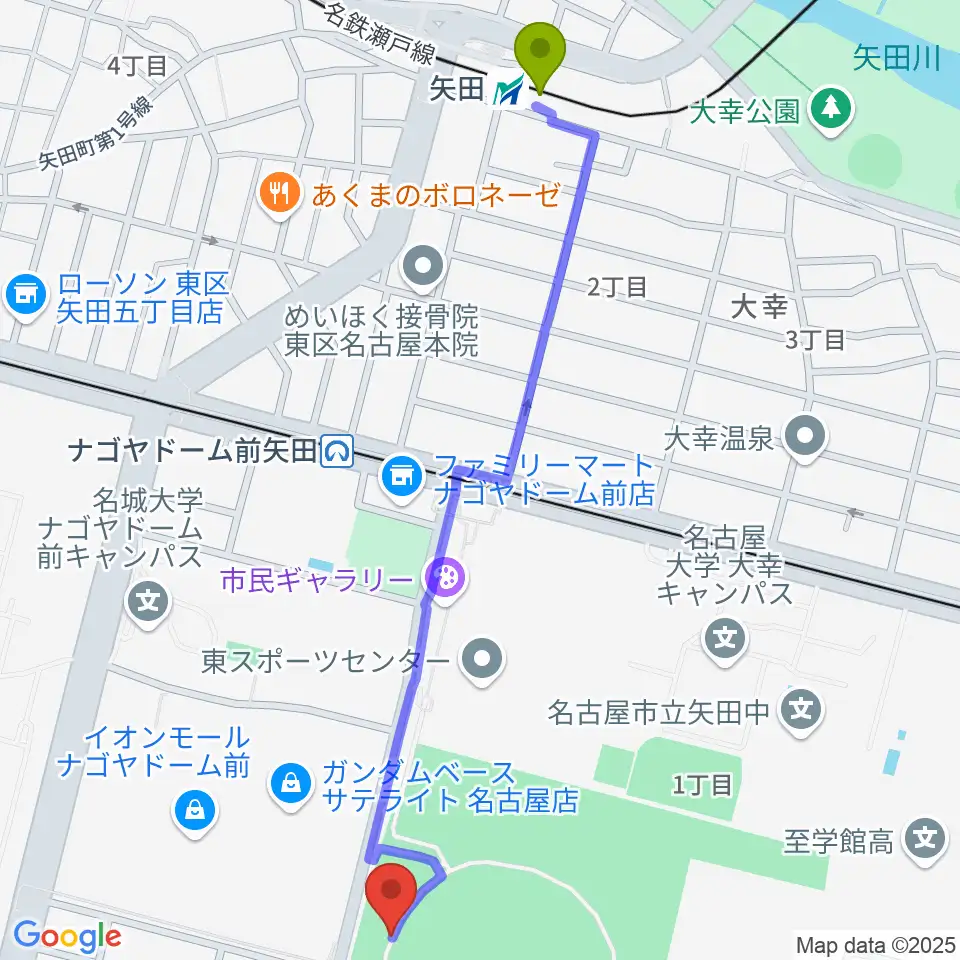 矢田駅からバンテリンドーム ナゴヤへのルートマップ地図