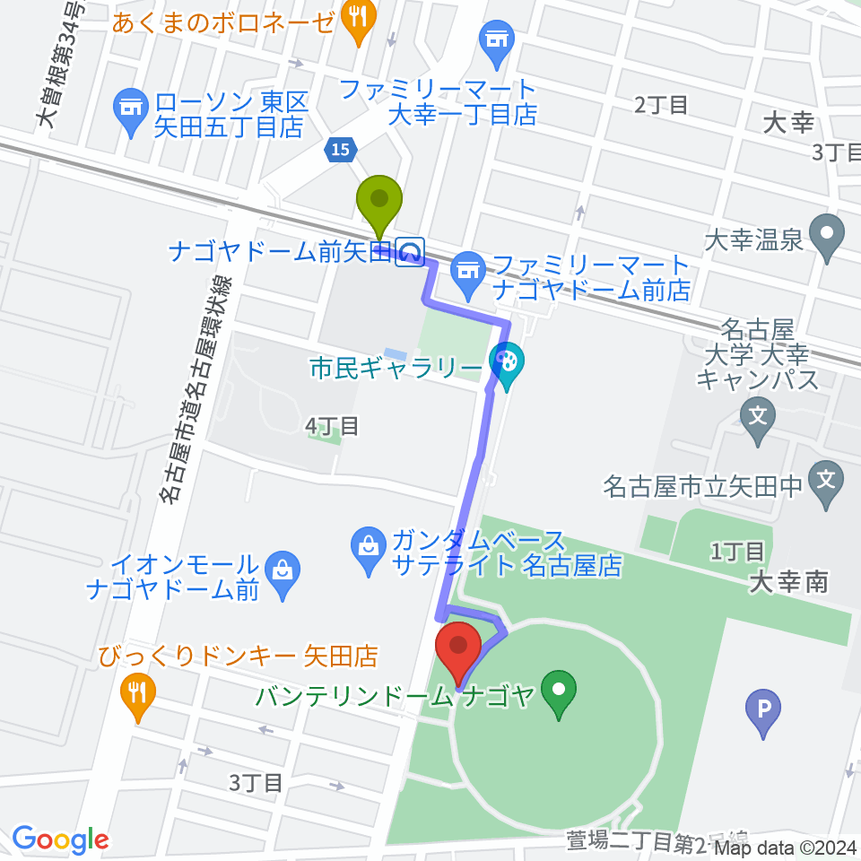 バンテリンドーム ナゴヤの最寄駅ナゴヤドーム前矢田駅からの徒歩ルート（約8分）地図