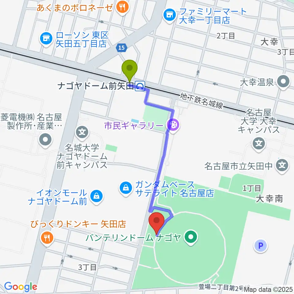 バンテリンドーム ナゴヤの最寄駅ナゴヤドーム前矢田駅からの徒歩ルート（約8分）地図