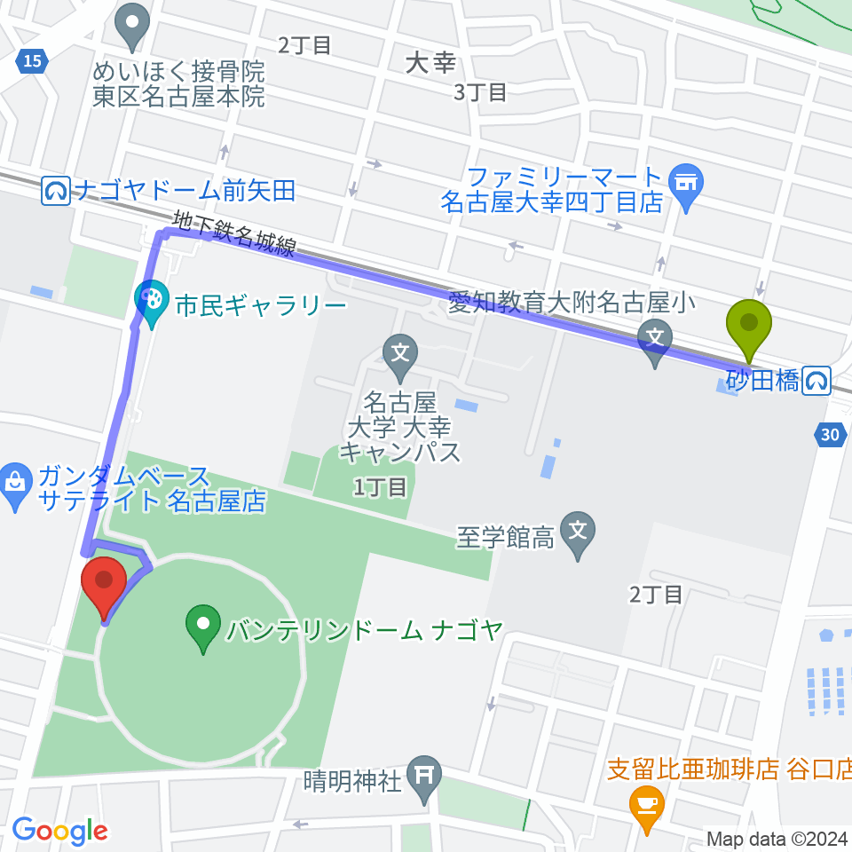 砂田橋駅からバンテリンドーム ナゴヤへのルートマップ地図