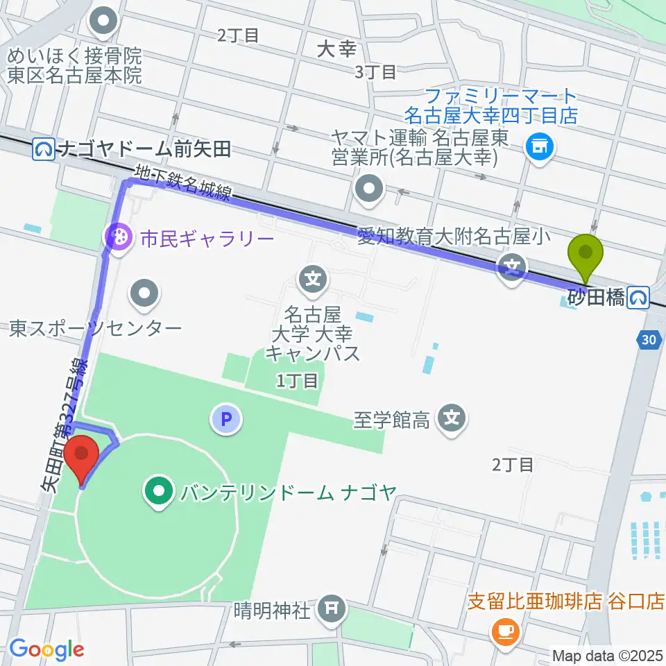 砂田橋駅からバンテリンドーム ナゴヤへのルートマップ地図