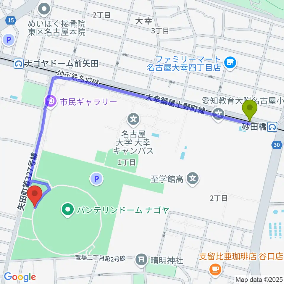砂田橋駅からバンテリンドーム ナゴヤへのルートマップ地図