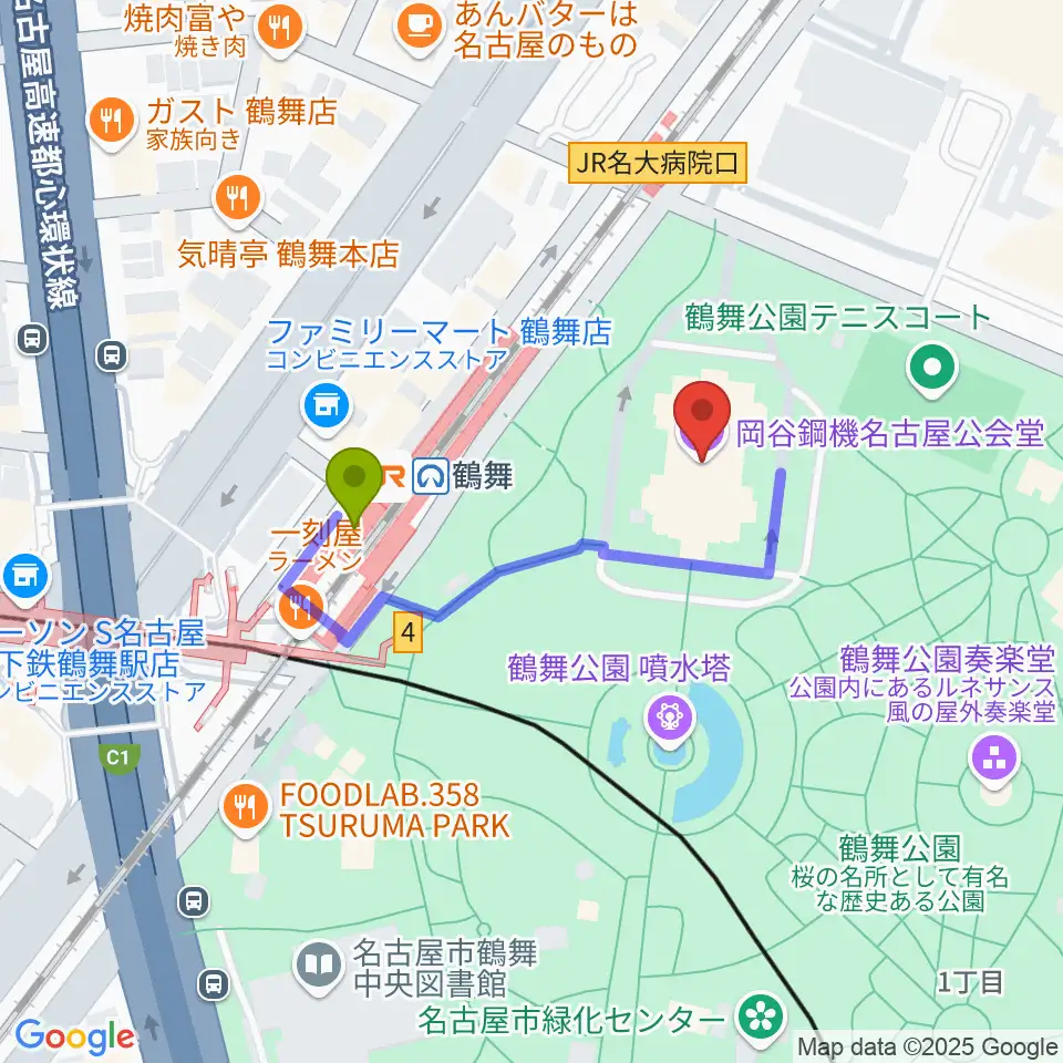 岡谷鋼機名古屋公会堂の最寄駅鶴舞駅からの徒歩ルート（約3分）地図