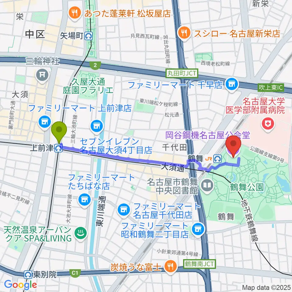 上前津駅から岡谷鋼機名古屋公会堂へのルートマップ地図