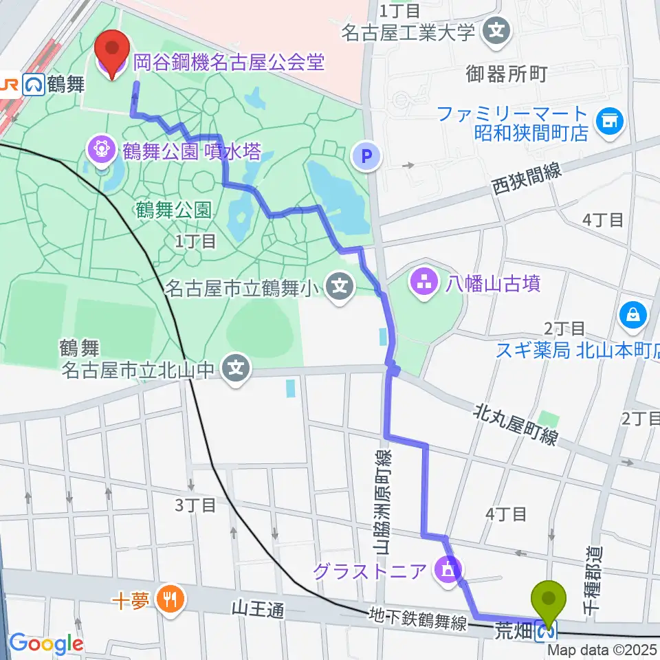 荒畑駅から岡谷鋼機名古屋公会堂へのルートマップ地図