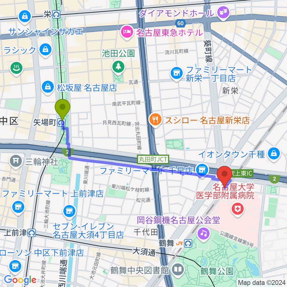 矢場町駅からK・D ハポンへのルートマップ地図