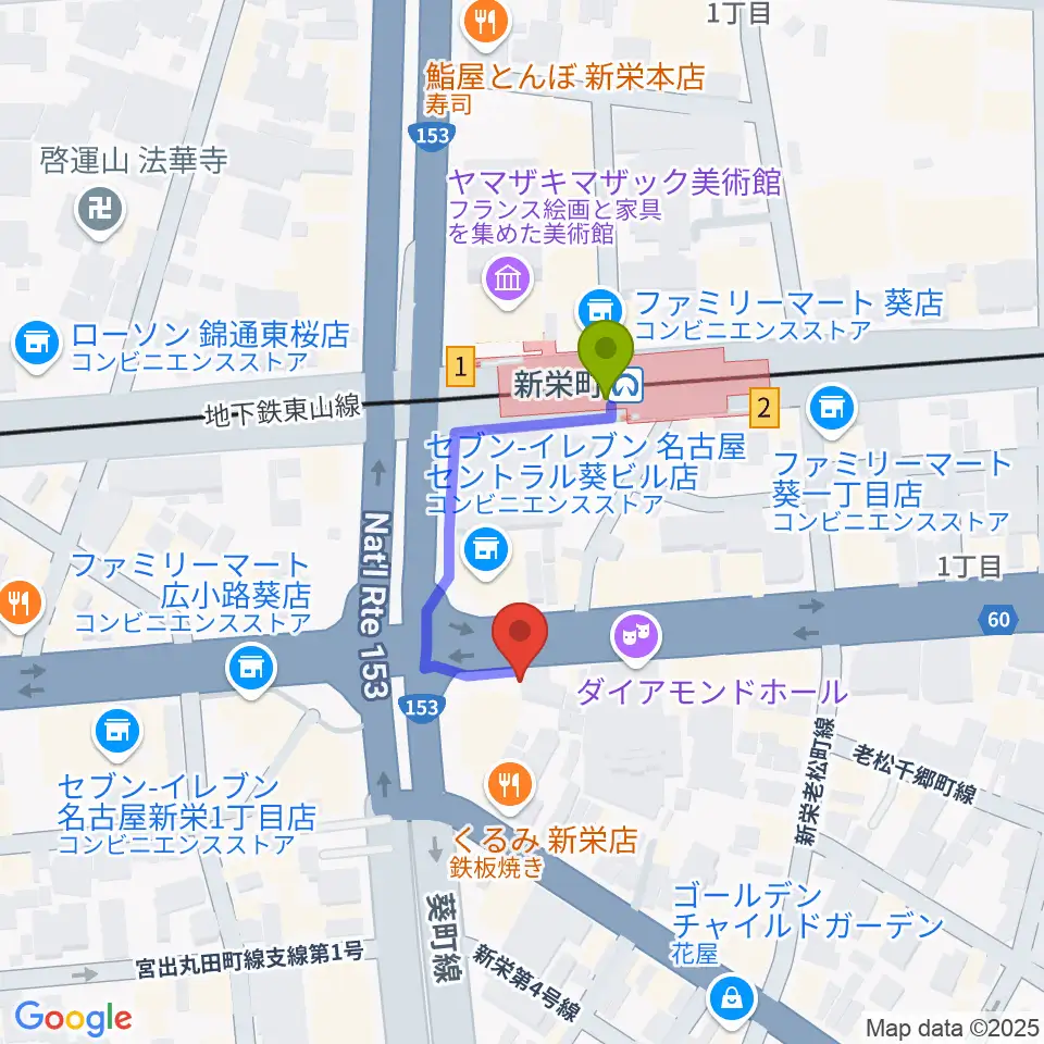 新栄OTIS'の最寄駅新栄町駅からの徒歩ルート（約2分）地図