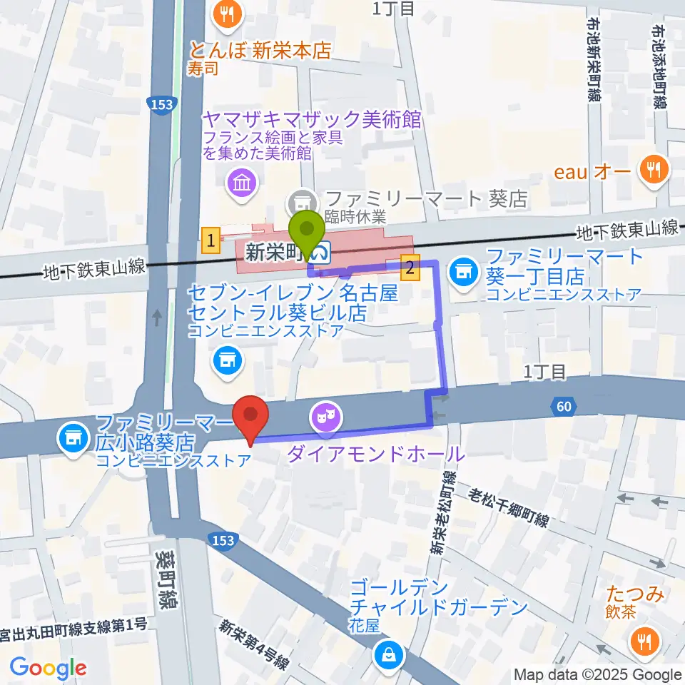 新栄OTIS'の最寄駅新栄町駅からの徒歩ルート（約2分）地図