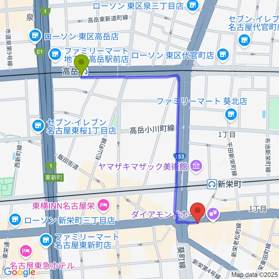 高岳駅から新栄OTIS'へのルートマップ地図