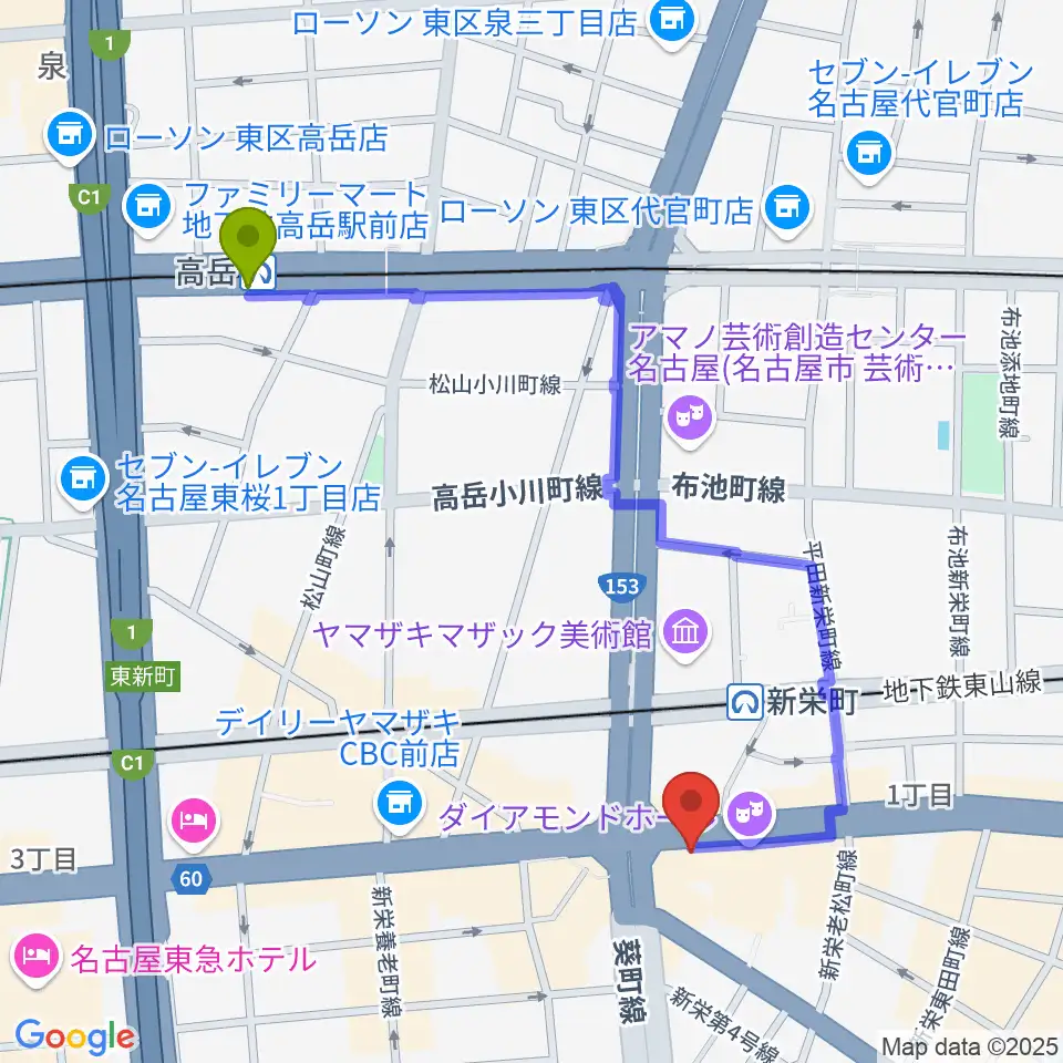高岳駅から新栄OTIS'へのルートマップ地図