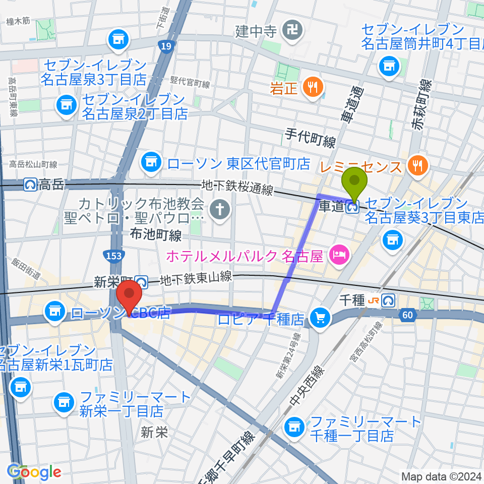 車道駅から新栄OTIS'へのルートマップ地図