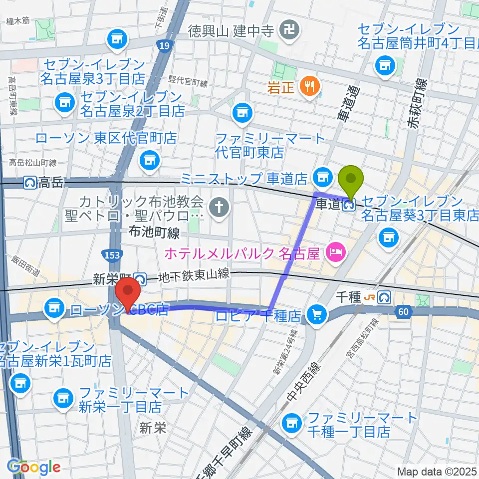 車道駅から新栄OTIS'へのルートマップ地図