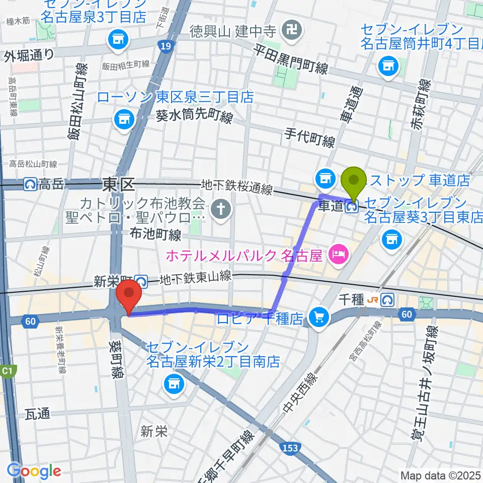 車道駅から新栄OTIS'へのルートマップ地図