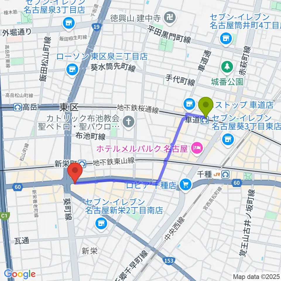 車道駅から新栄OTIS'へのルートマップ地図