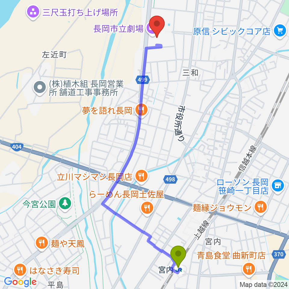 長岡市立劇場の最寄駅宮内駅からの徒歩ルート（約24分）地図