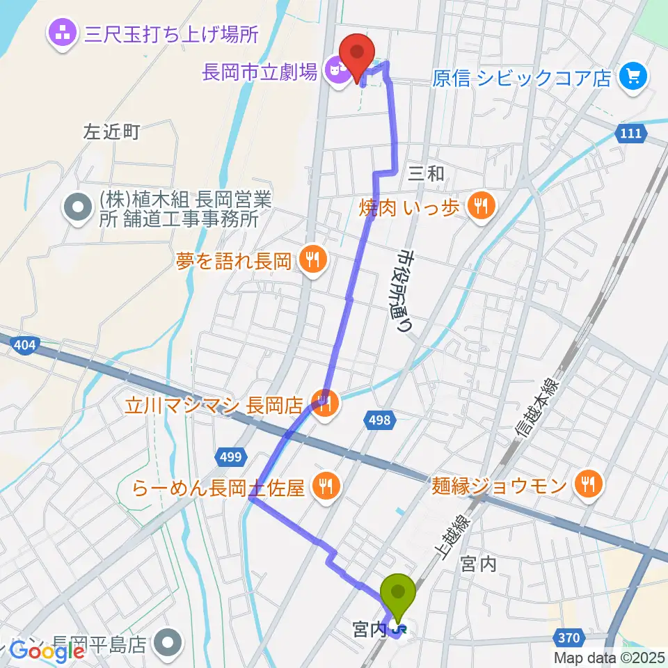 長岡市立劇場の最寄駅宮内駅からの徒歩ルート（約25分）地図