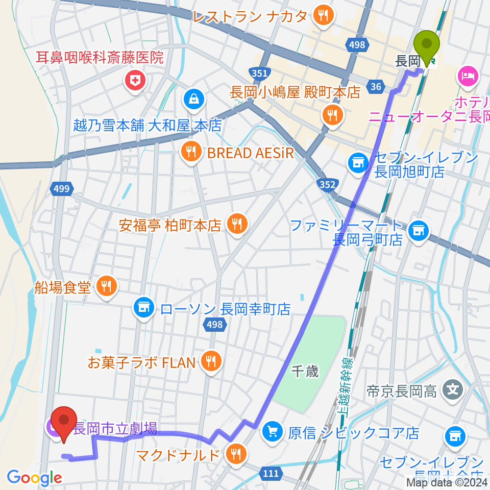 長岡駅から長岡市立劇場へのルートマップ地図