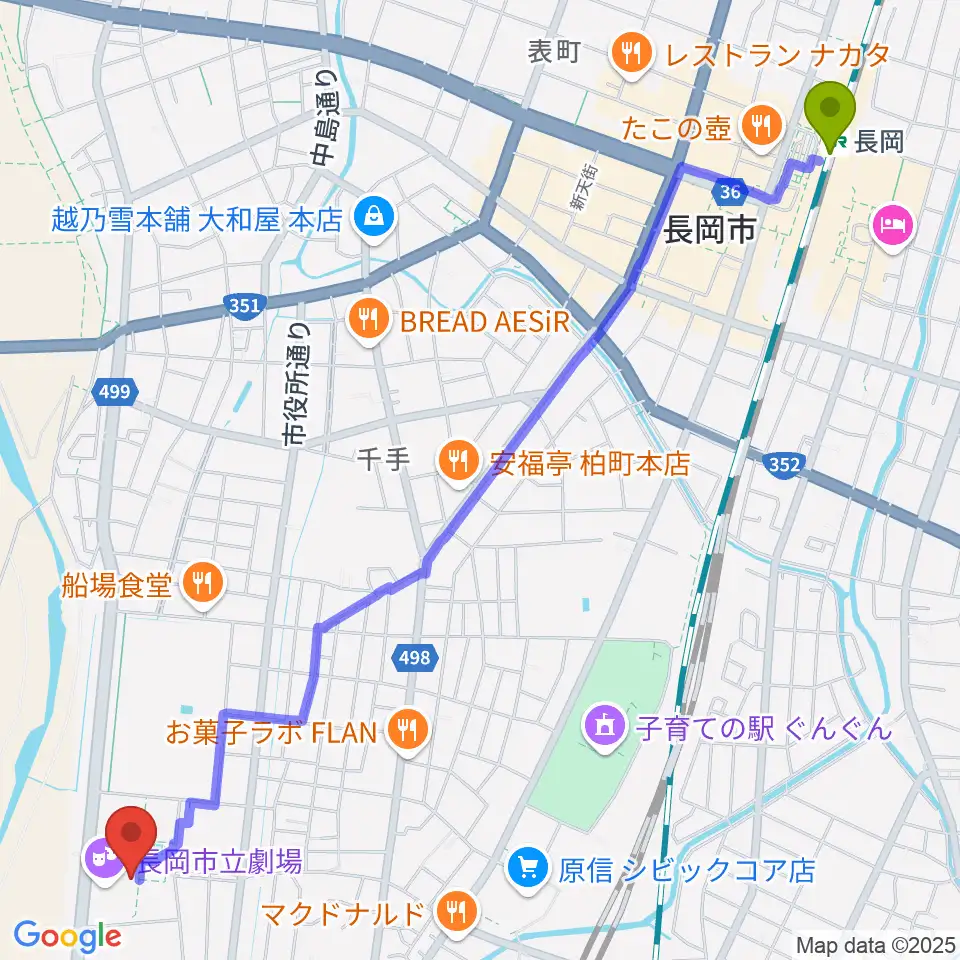長岡駅から長岡市立劇場へのルートマップ地図