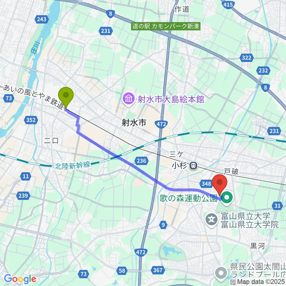 越中大門駅からアイザック小杉文化ホール ラポールへのルートマップ地図