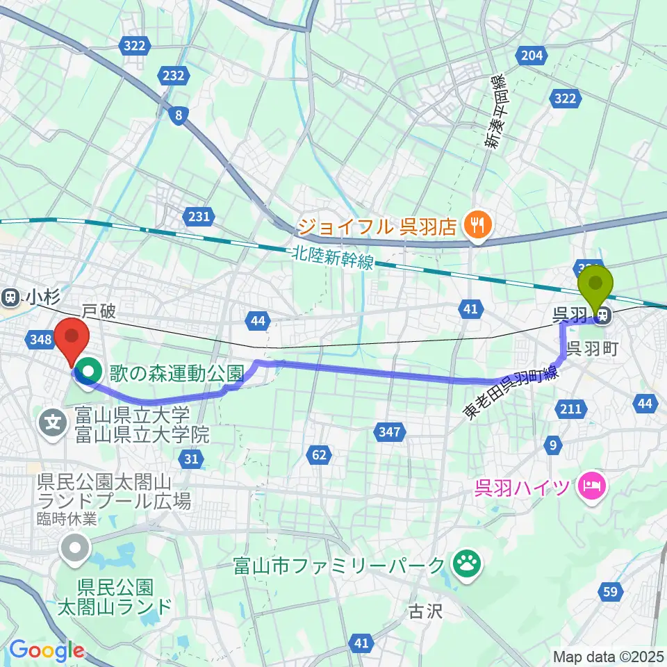 呉羽駅からアイザック小杉文化ホール ラポールへのルートマップ地図