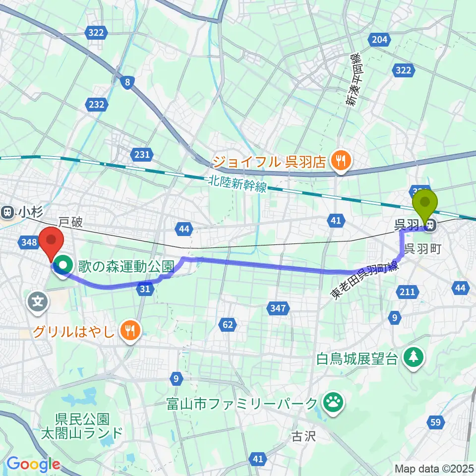 呉羽駅からアイザック小杉文化ホール ラポールへのルートマップ地図