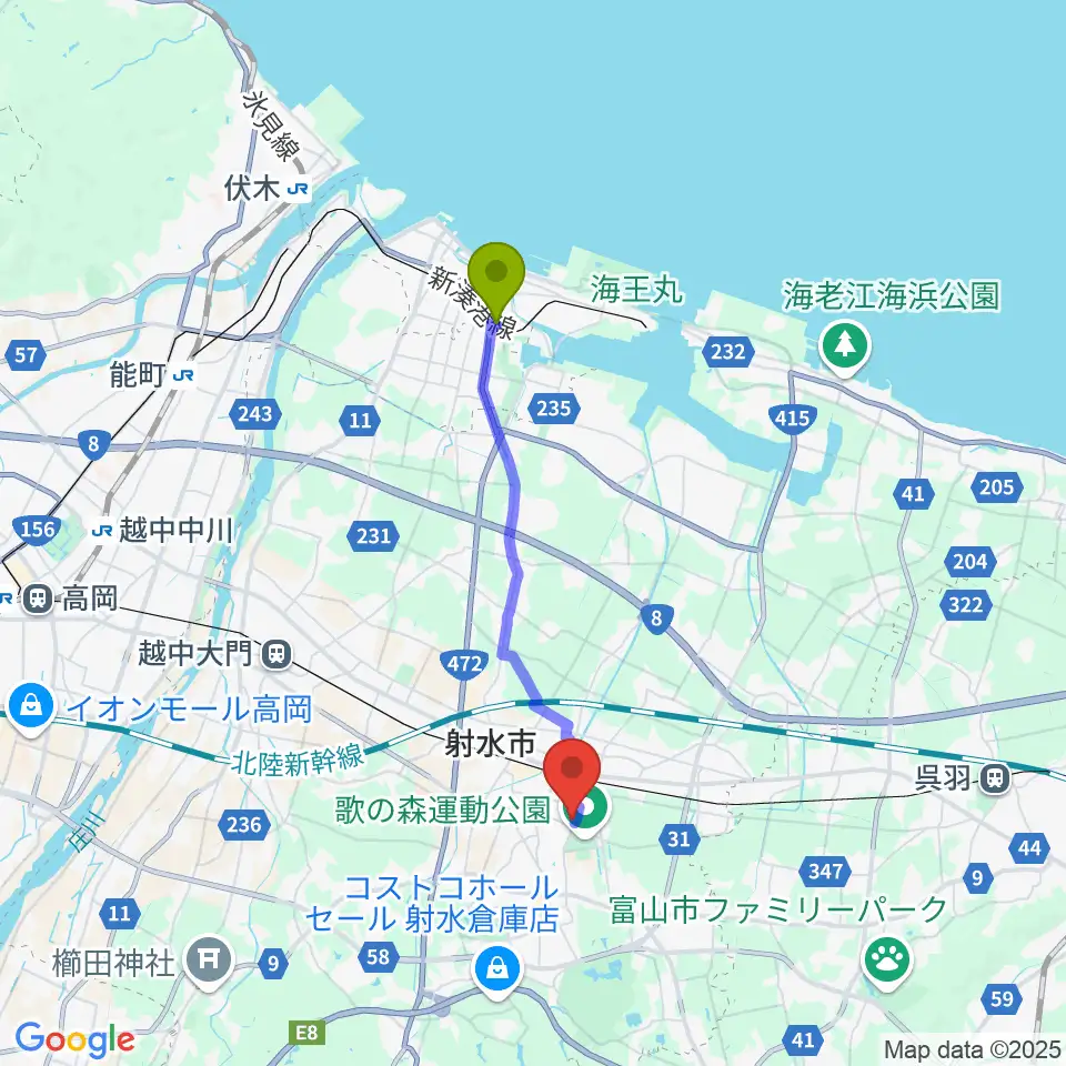 中新湊駅からアイザック小杉文化ホール ラポールへのルートマップ地図