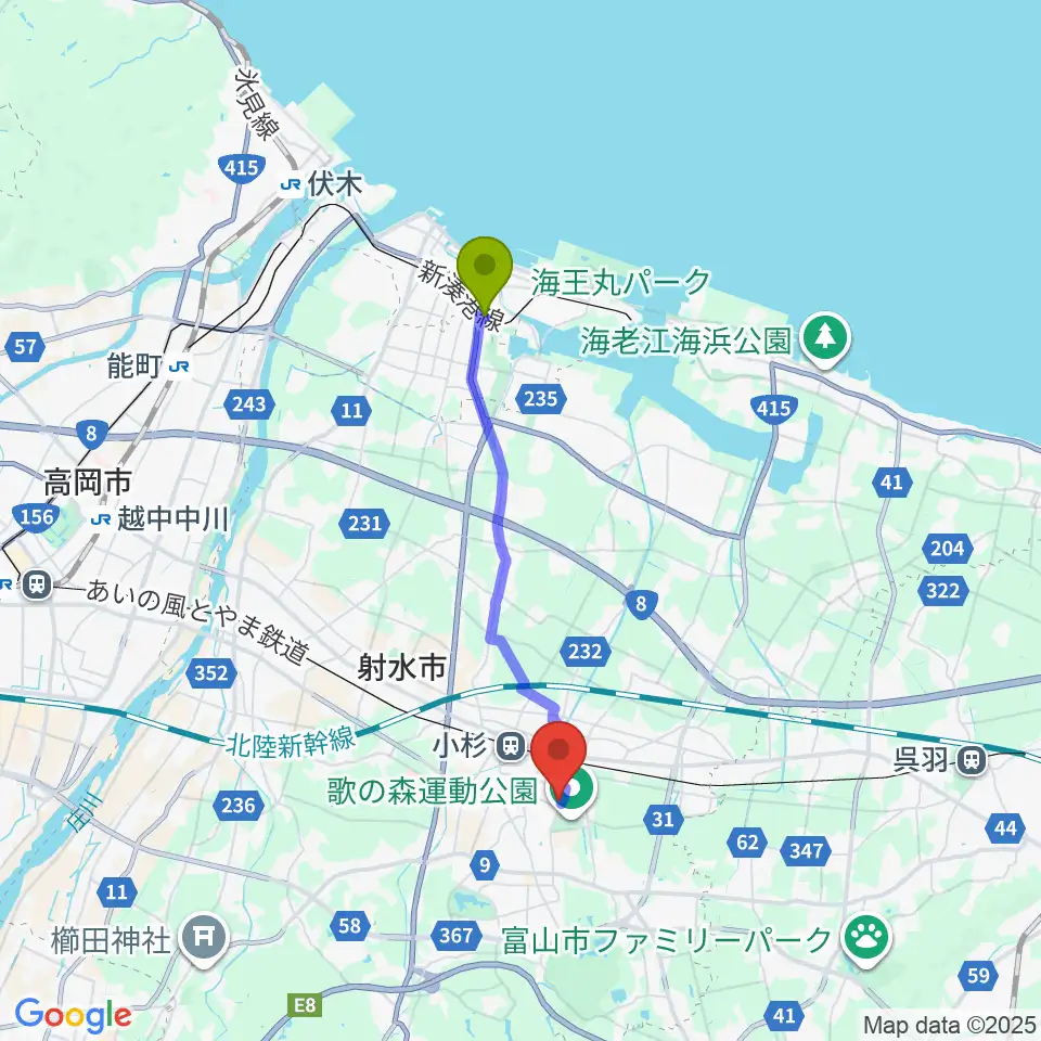 中新湊駅からアイザック小杉文化ホール ラポールへのルートマップ地図