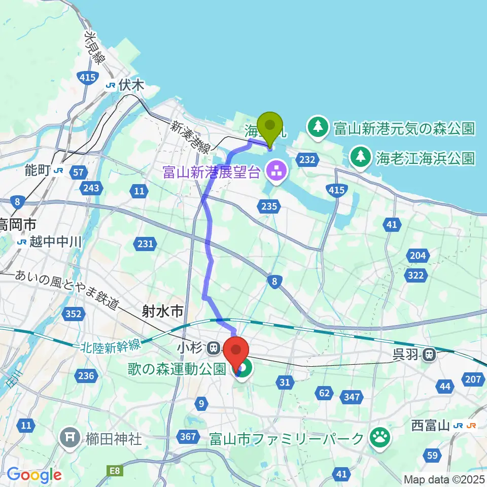 越ノ潟駅からアイザック小杉文化ホール ラポールへのルートマップ地図