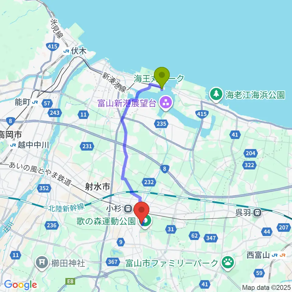 越ノ潟駅からアイザック小杉文化ホール ラポールへのルートマップ地図
