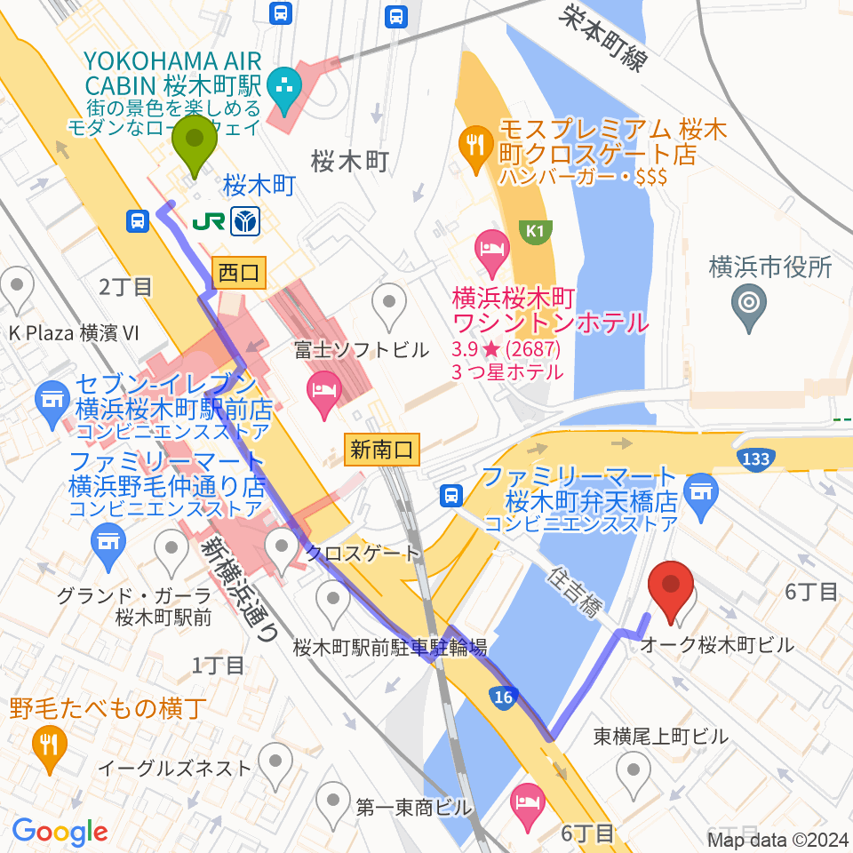 桜木町駅からカワイ横浜へのルートマップ地図