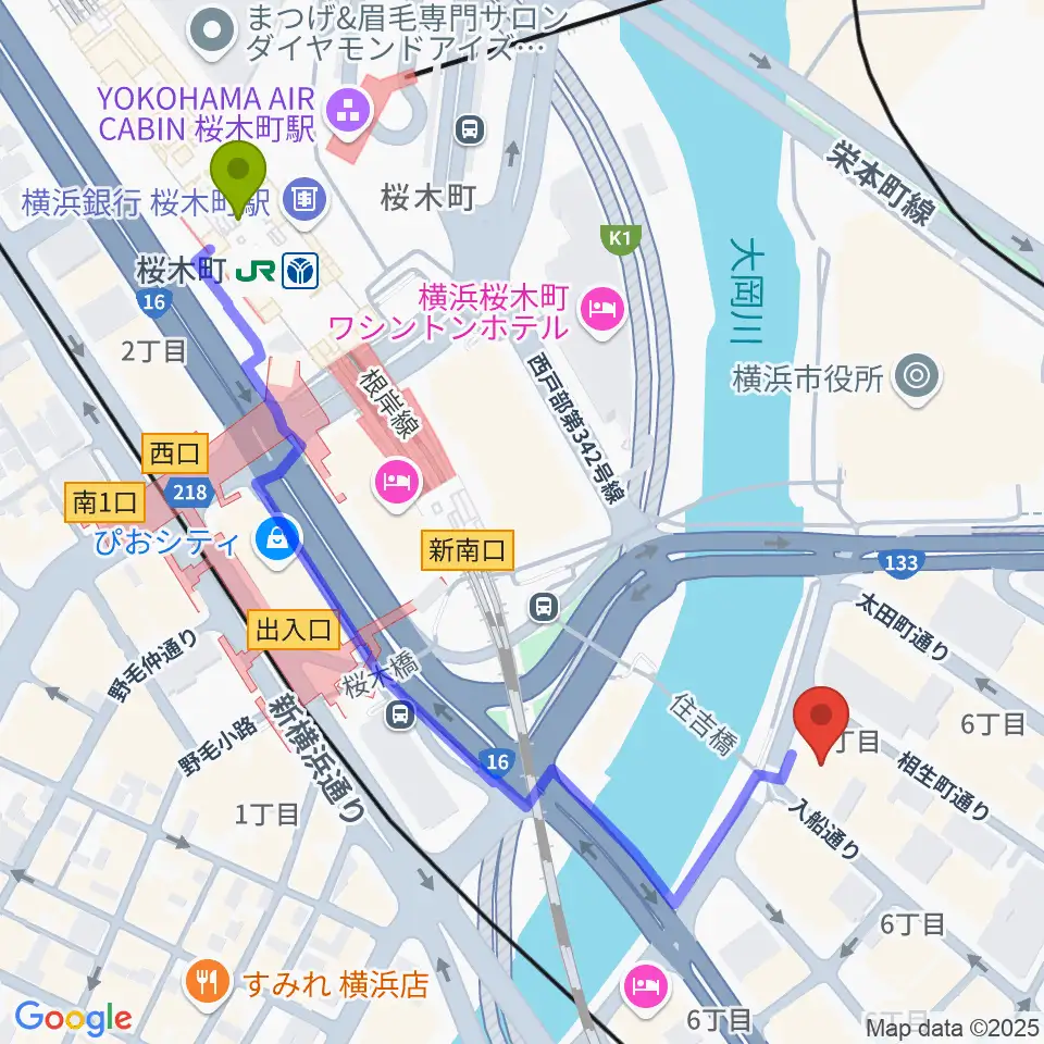 桜木町駅からカワイ横浜へのルートマップ地図