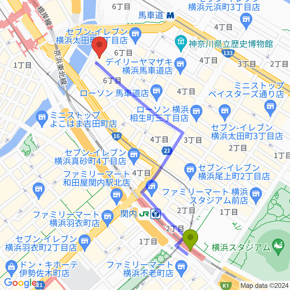 関内駅からカワイ横浜へのルートマップ地図
