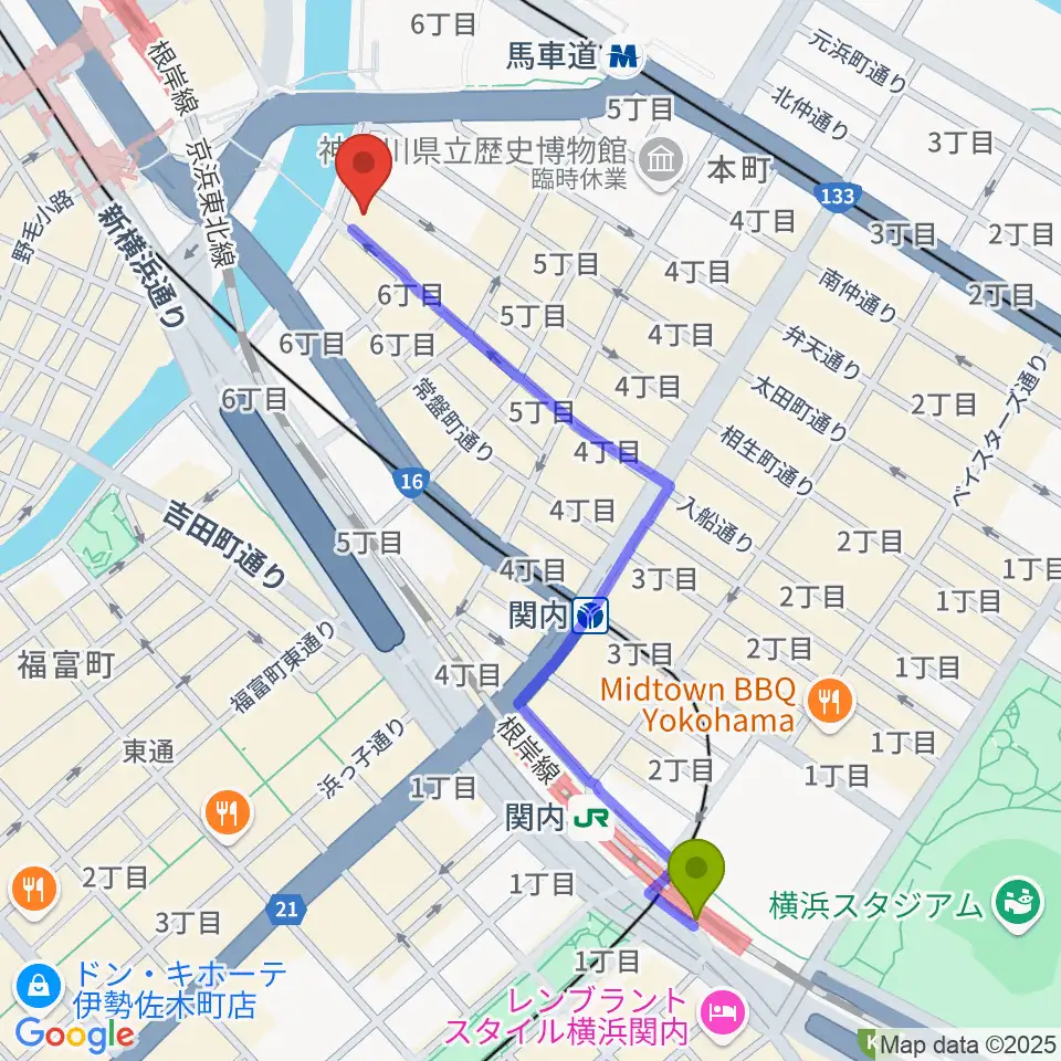 関内駅からカワイ横浜へのルートマップ地図