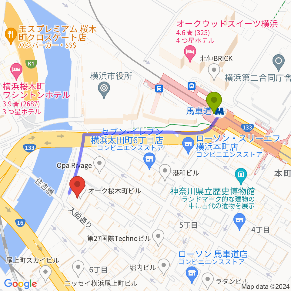 カワイ横浜の最寄駅馬車道駅からの徒歩ルート（約4分）地図