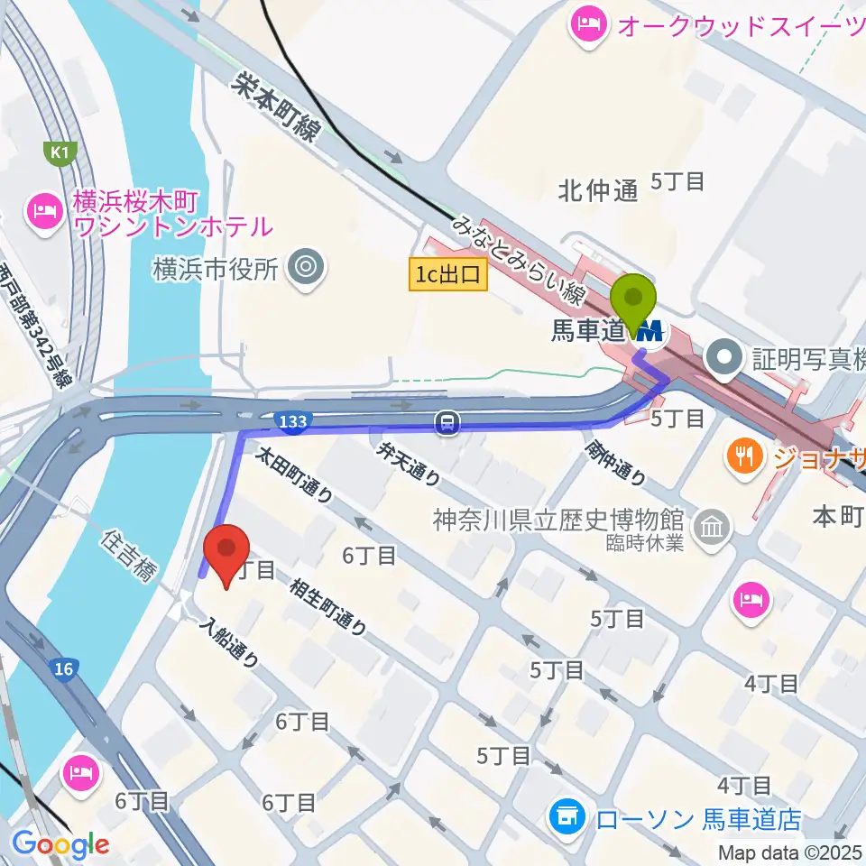 カワイ横浜の最寄駅馬車道駅からの徒歩ルート（約4分）地図