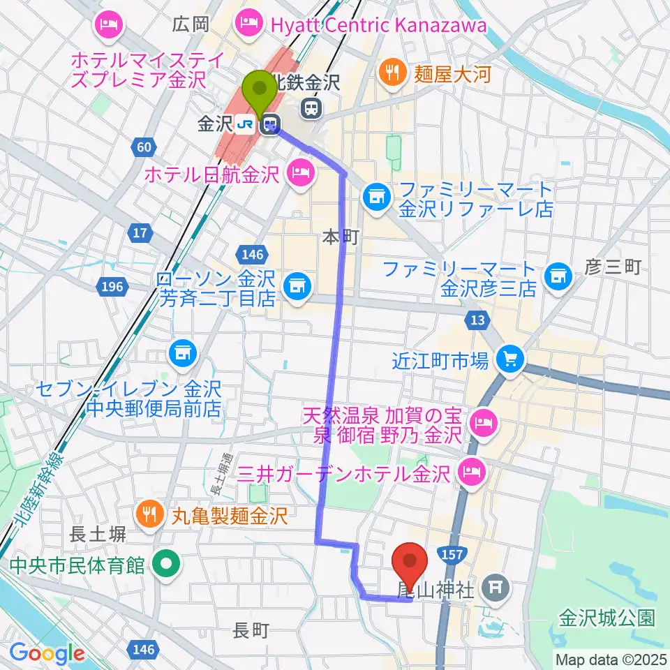 金沢市文化ホールの最寄駅金沢駅からの徒歩ルート（約23分）地図