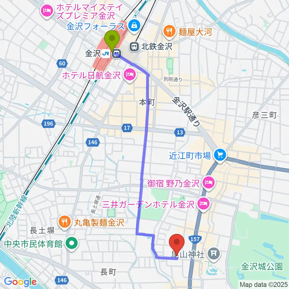 金沢市文化ホールの最寄駅金沢駅からの徒歩ルート（約23分）地図